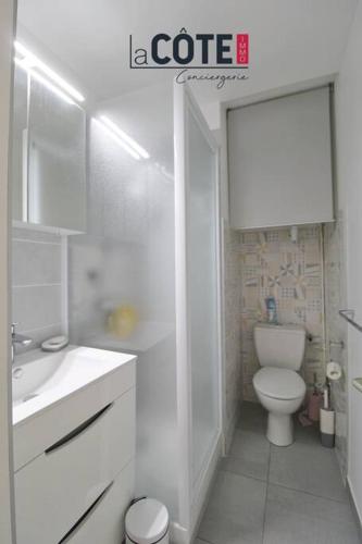 une salle de bain blanche avec des toilettes et un lavabo dans l'établissement Petit Paradou - 4 couchages, à Sausset-les-Pins