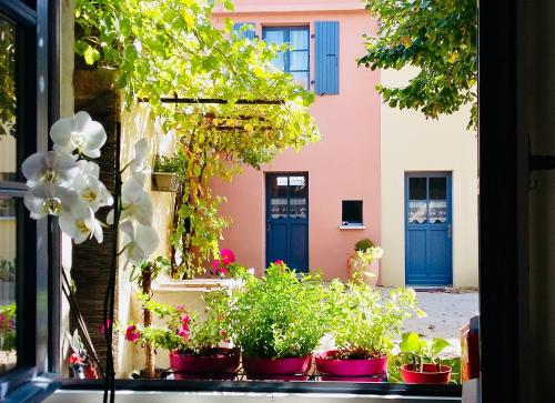 une fenêtre avec des plantes en pot devant un bâtiment dans l'établissement Le Domaine d'Adrien, à Larnage