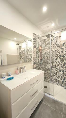 une salle de bain avec un lavabo et une douche en verre dans l'établissement Puerto Cabana - Grand Studio avec Parking et Terrasse vue Port, à Cassis