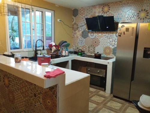 a kitchen with a refrigerator and a counter top at The Yellow House Boquete (hostal) in Alto Boquete