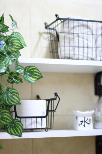a shelf with a plant and a basket on it at Akeka la casa del lago in Candelaria