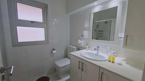 bagno con lavandino, servizi igienici e finestra di STAY Sunset Lagoon Villa a Pyla