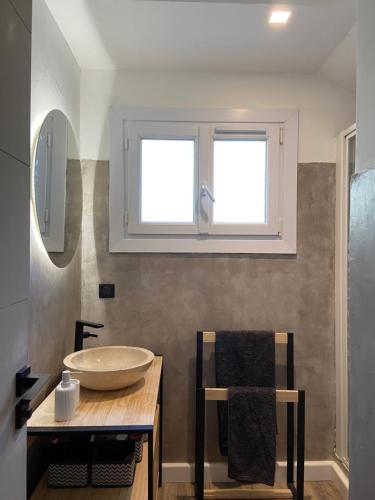 a bathroom with a sink and a mirror at Villa de 90m² à 5 minutes de la mer, terrasse 50m² in Sainte-Maxime