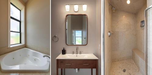 twee afbeeldingen van een badkamer met een bad en een wastafel bij Mason's View - Cincy Hilltop Apartment in Cincinnati