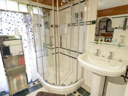 W łazience znajduje się prysznic i umywalka. w obiekcie The Nook w mieście Llanrwst