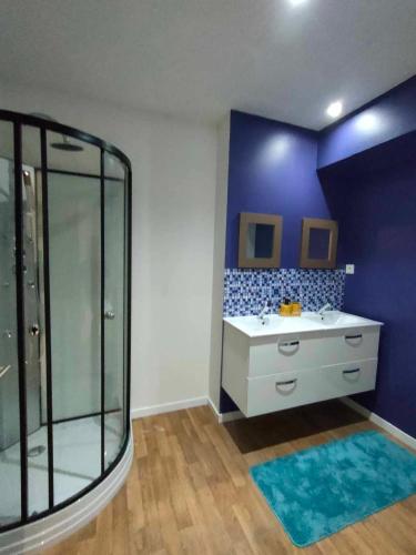 La salle de bains est pourvue d'un lavabo et d'une douche en verre. dans l'établissement Appartement en centre ville, à Villedieu-les-Poêles