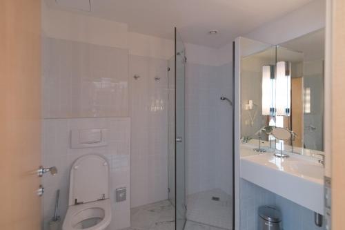 uma casa de banho com um chuveiro, um WC e um lavatório. em Château Bernhart 