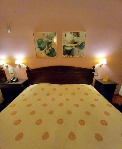 a bedroom with a bed with two pictures on the wall at Vytina Mountain View Hotel in Vytina