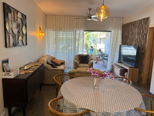 Apartment in Grand Baieにあるテレビまたはエンターテインメントセンター