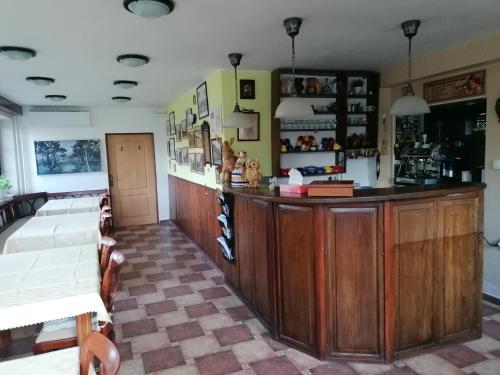 eine Bar in einem Zimmer mit einer Theke und Stühlen in der Unterkunft Penzion Janata in Slapy nad Vltavou