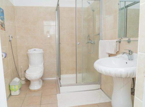 a bathroom with a shower and a toilet and a sink at Hotel Azur Conakry in Conakry