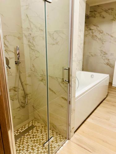 a shower with a glass door in a bathroom at Affittacamere La Quiete in Arona