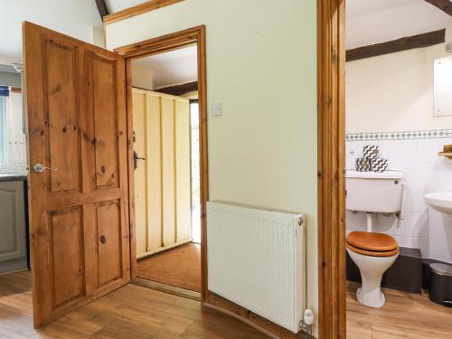 a bathroom with a toilet and a wooden door at The Roundhouse in Okehampton