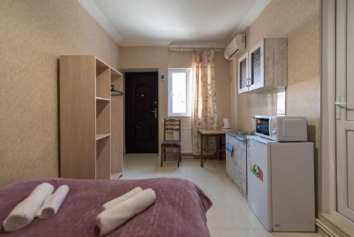 Il comprend une chambre avec un lit et une cuisine équipée d'un réfrigérateur. dans l'établissement Apartment Panorama, à Tbilissi