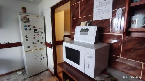 a microwave and a refrigerator in a room at Lucky Cat in Nová Lesná