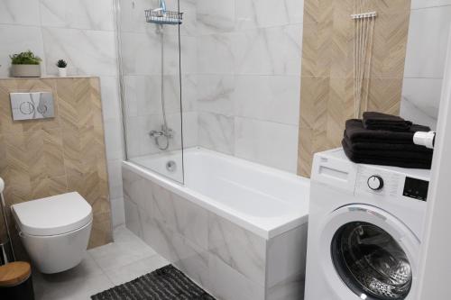 łazienka z pralką i toaletą w obiekcie Apartments Space and More, Dmowskiego - 20 minut do RYNKU, Self Check-In 24H, Parking we Wrocławiu
