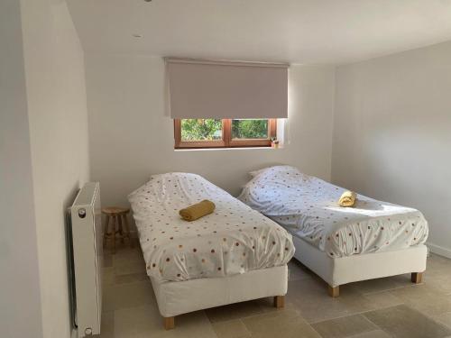 2 Einzelbetten in einem Zimmer mit Fenster in der Unterkunft Maison de Ma-Vi in La-Roche-en-Ardenne