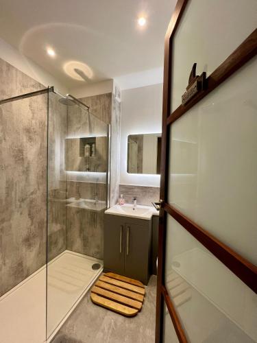 a bathroom with a shower and a sink at Stunning Victorian Mansion Flat in Brighton & Hove
