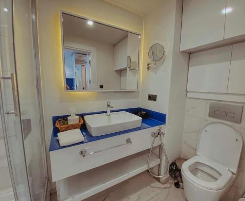 een badkamer met een wastafel, een toilet en een spiegel bij Aparthotel in Batoemi