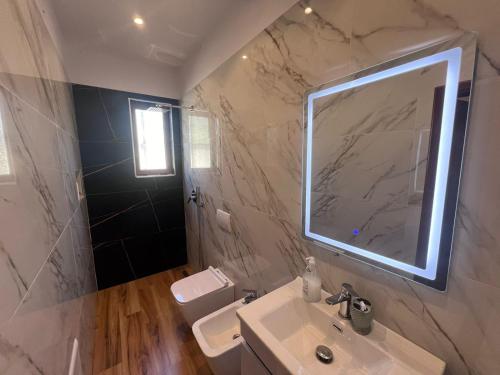 a bathroom with a sink and a mirror and a toilet at Vila Magis in Vlorë