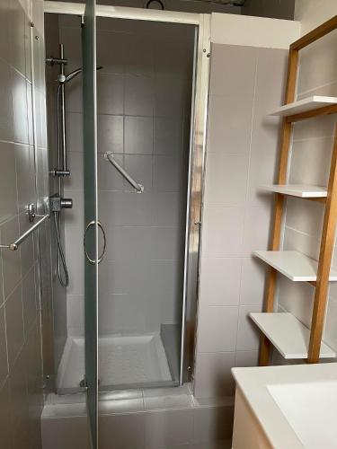 une douche avec une porte vitrée dans une salle de bain dans l'établissement Appartement Adour, à Bagnères-de-Bigorre