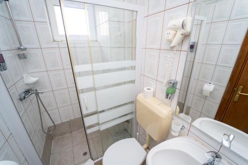 a small bathroom with a toilet and a shower at Garden Resort by Cota 1200 in Predeal