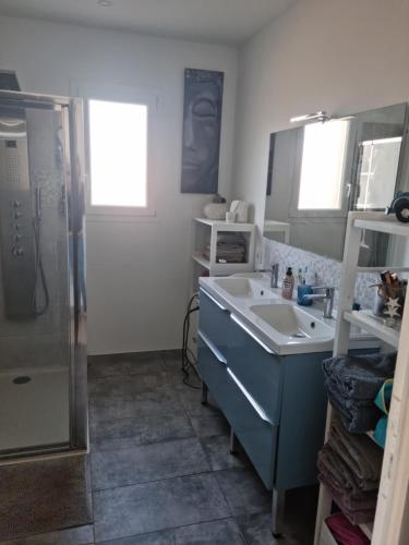 une salle de bain avec un lavabo et une douche dans l'établissement Villa vacances en famille, à Saze