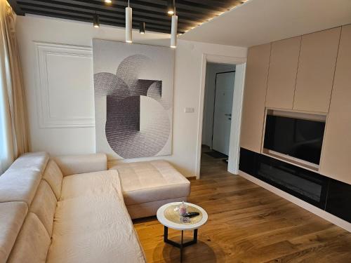 a living room with a couch and a tv at PREMIUM APARTMAN ELENI ROOMS,oaza mira i tisine u centru Vrnjacke banje in Vrnjačka Banja