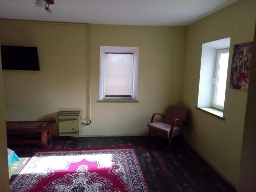 an empty room with a red rug and two windows at Маєток SOVA in Khutoro-Gubinikha