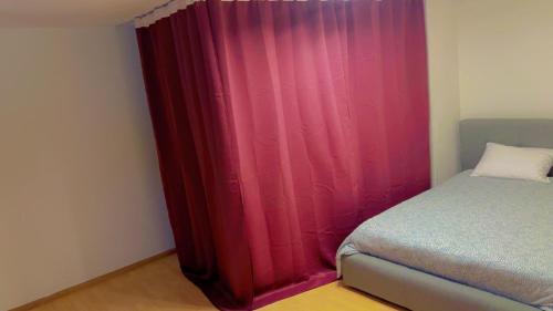 - une chambre avec un rideau rouge à côté d'un lit dans l'établissement Apartamento Acogedor en el centro de Basilea, à Bâle