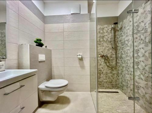 a bathroom with a toilet and a shower at Anna apartmanok in Sárvár