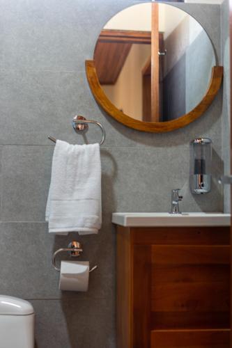 a bathroom with a sink and a mirror at Casa Roble Fortuna in Fortuna