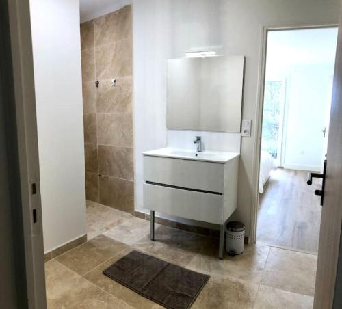 ein Badezimmer mit einem weißen Waschbecken und einer Dusche in der Unterkunft Villa Spacieuse dans le sud de la France in Piolenc