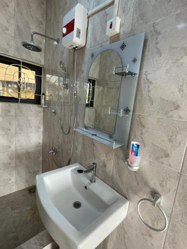 bagno con lavandino e specchio di En-Suit Detached Home 