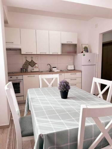 una cucina con un tavolo con una pianta in vaso sopra di MINT Apartment a Skopje