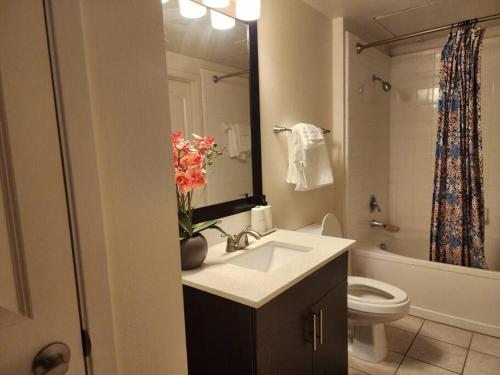 a bathroom with a sink and a toilet and a mirror at Luxury Condo-Style Hotel In Domain Shopping Center in Austin