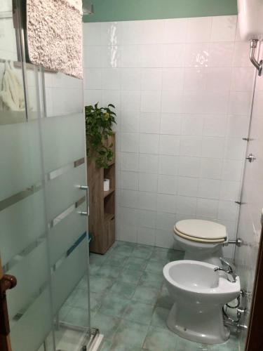 y baño con aseo y ducha acristalada. en Minerva casa vacanze, en Castro di Lecce