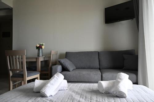sala de estar con sofá y cama en ALTA MARE, en Nea Peramos