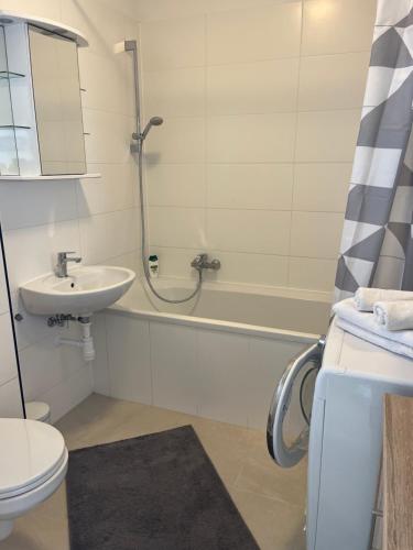 a bathroom with a shower and a sink and a toilet at Fiora Appartaments in Nikitsch
