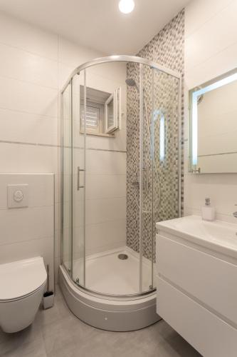 a bathroom with a shower and a toilet and a sink at Villa Stonehouse 2 in Milna