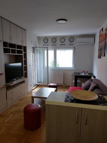 a kitchen and living room with a couch and a table at Evelin Apartment in Belgrade