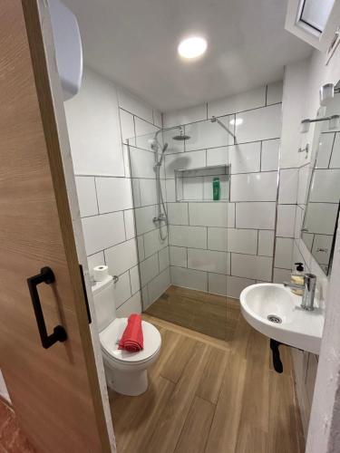 a bathroom with a shower and a toilet and a sink at Maximum Beach in Arinaga