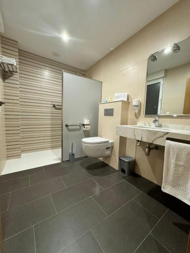 a bathroom with a toilet and a shower and a sink at Cortiñas in Villalba