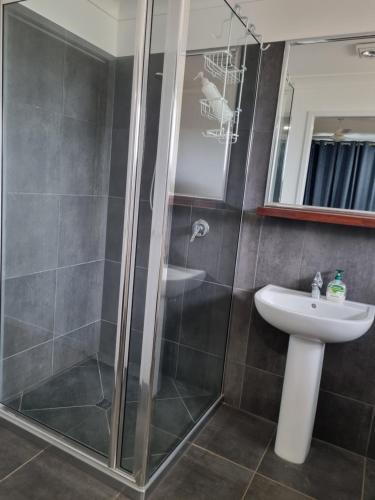 a bathroom with a shower and a sink at Banksia Villa's Kingaroy in Kingaroy