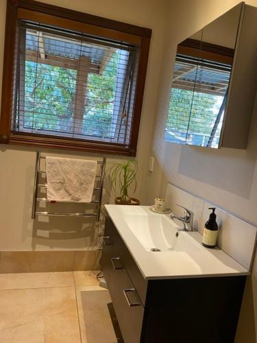 a bathroom with a sink and a mirror at Hadlow Sunrise Retreat in Timaru