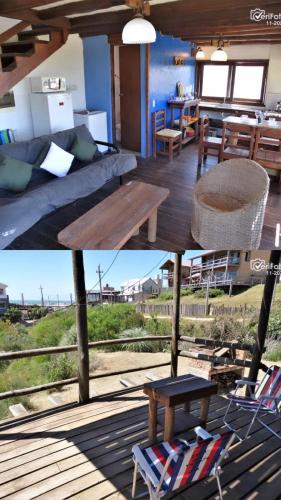 two pictures of a room with a bed and a table at Oikos in Punta Del Diablo