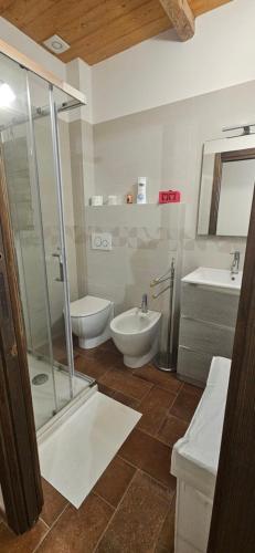 a bathroom with a shower and a toilet and a sink at B&B La Fonte in Staffolo