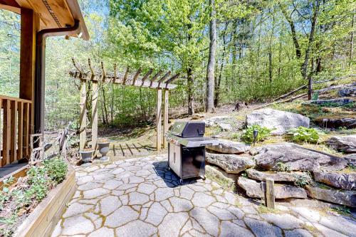 an outdoor patio with a grill and an arbor at Bird's Nest in Saluda