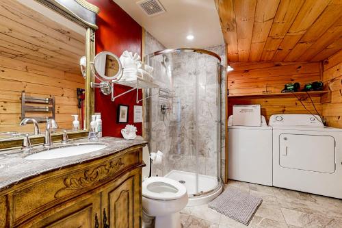 y baño con aseo y ducha. en The Sauna Cottage, en Lake Lure