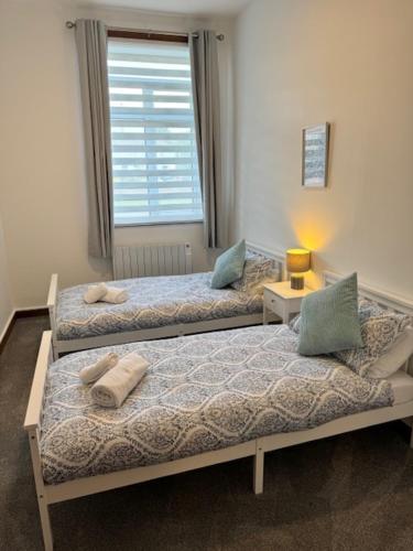 2 camas individuales en una habitación con ventana en Ben Lomond Apartment en Alexandria